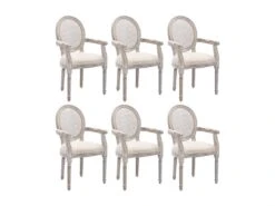 Lot De 6 Chaises Avec Accoudoirs - Cannage, Tissu Et Bois D'hévéa - Beige - ANTOINETTE -Mobilia Boutique chaise 11210629