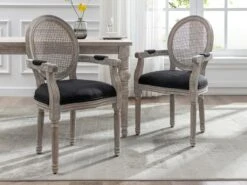 Lot De 2 Chaises Avec Accoudoirs - Cannage, Tissu Et Bois D'hévéa - Noir - ANTOINETTE -Mobilia Boutique chaise 11210635