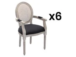 Lot De 6 Chaises Avec Accoudoirs - Cannage, Tissu Et Bois D'hévéa - Noir - ANTOINETTE