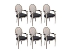 Lot De 6 Chaises Avec Accoudoirs - Cannage, Tissu Et Bois D'hévéa - Noir - ANTOINETTE -Mobilia Boutique chaise 11210679