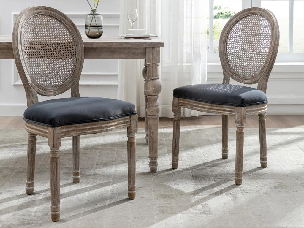 Lot De 2 Chaises - Cannage, Velours Et Bois D'hévéa - Gris - ANTOINETTE 4 Lot De 2 Chaises - Cannage, Velours Et Bois D'hévéa - Gris - ANTOINETTE – Image 2
