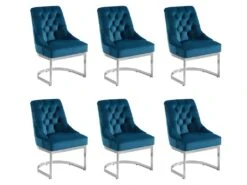 Lot De 6 Chaises En Velours Et Acier Inoxydable - Bleu Et Pieds Chromés - PORILASO De Pascal MORABITO -Mobilia Boutique chaise 11769685