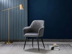 Lot De 6 Chaises Avec Accoudoirs En Velours Et Métal Noir - Gris - ELEANA -Mobilia Boutique chaise 12292083