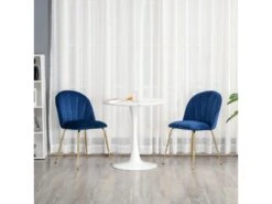 Lot De 2 Chaises Style Art-déco Dossier Strié Arrondi Piètement Métal Doré Incliné Effilé Velours Bleu Roi