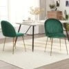 Lot De 2 Chaises Style Art-déco Dossier Strié Arrondi Piètement Métal Doré Incliné Effilé Velours Vert Sapin