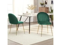 Lot De 2 Chaises Style Art-déco Dossier Strié Arrondi Piètement Métal Doré Incliné Effilé Velours Vert Sapin