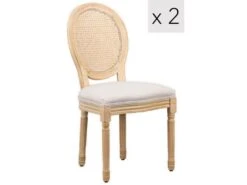 Lot De 2 Chaises En Bois Et Cannage Avec Assise En Tissu Gris Clair