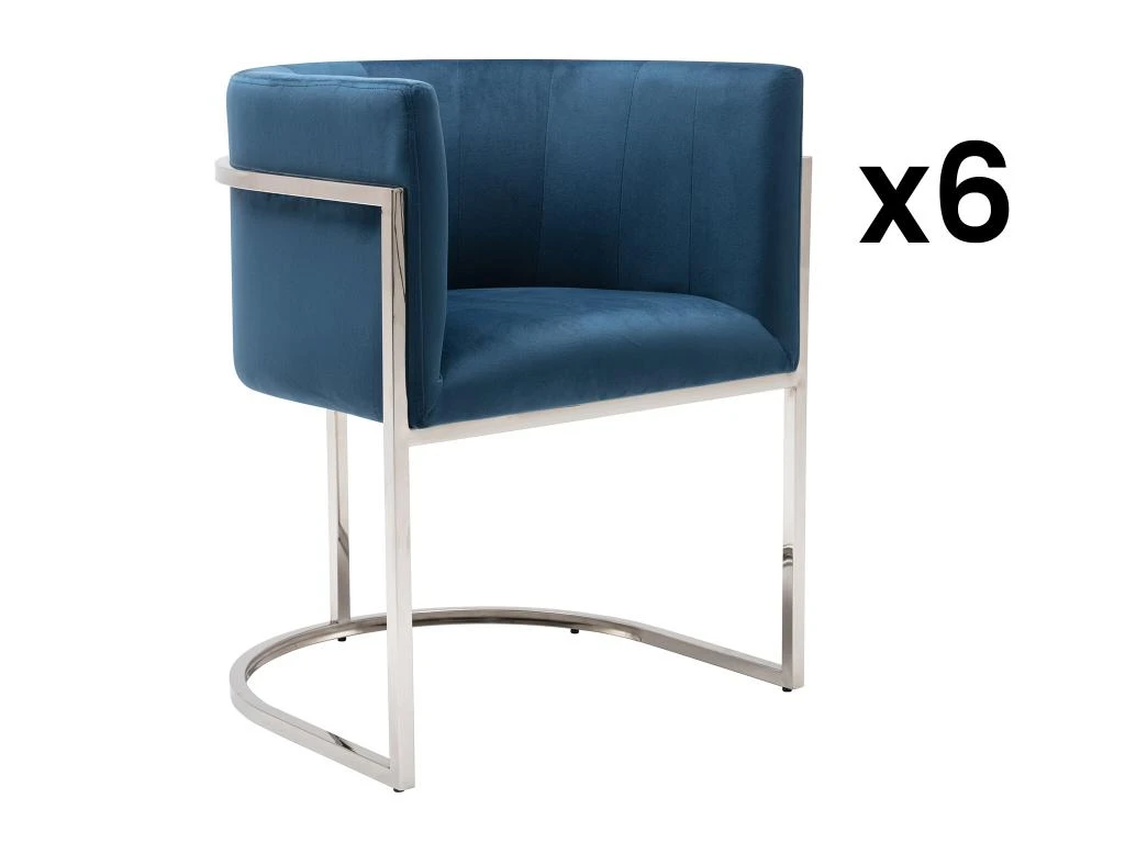 Lot De 6 Chaises Avec Accoudoirs - Velours Et Acier Inoxydable - Bleu Et Chromé - PERIA De Pascal MORABITO 3 Lot De 6 Chaises Avec Accoudoirs - Velours Et Acier Inoxydable - Bleu Et Chromé - PERIA De Pascal MORABITO