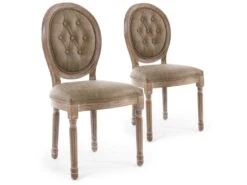 Lot De 2 Chaises De Style Médaillon Louis XVI Bois Patiné & Simili Capitonné Taupe