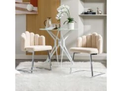 Lot De 2 Chaises Godole - Structure En L - Dossier En Forme De Pétale - Cachemire - Beige & Argent
