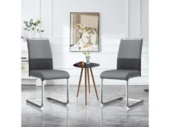 Lot De 2 Chaises De Salle à Manger - Dossier En Similicuir Et Lin - Gris