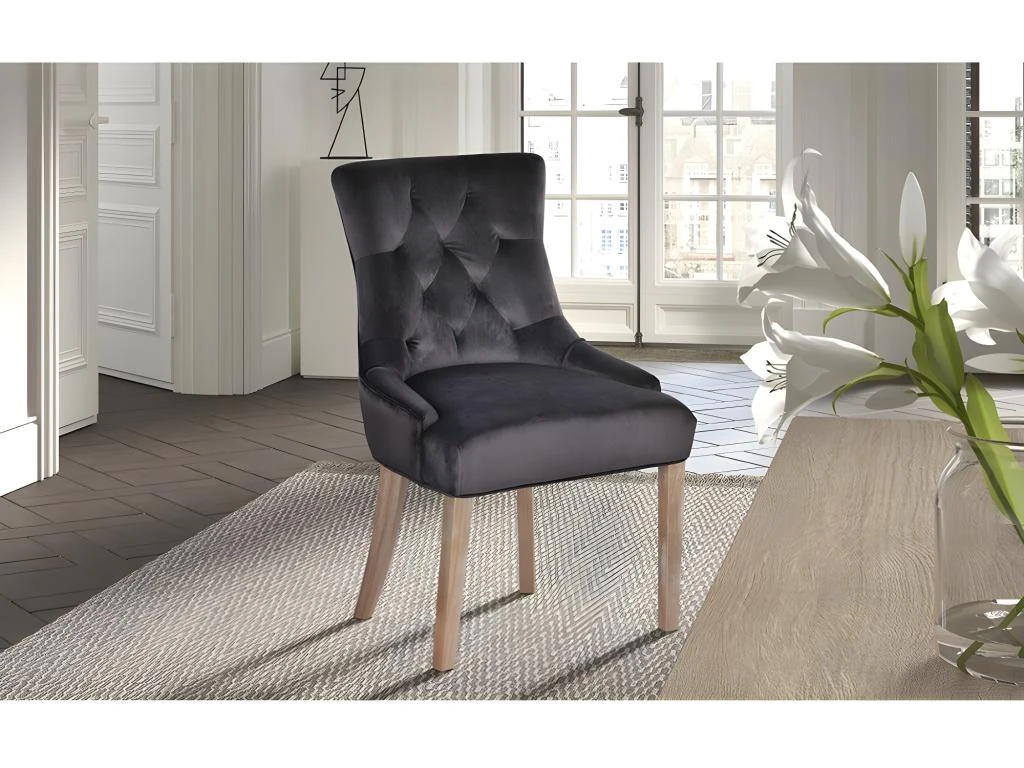 Chaise ROYA Velours Gris, Pieds Antique Brossé Bois, Dimension H93 X L57 X P60 Cm, Idéal Pour Votre Cuisine Ou Salle à Manger 5 Chaise ROYA Velours Gris, Pieds Antique Brossé Bois, Dimension H93 X L57 X P60 Cm, Idéal Pour Votre Cuisine Ou Salle à Manger – Image 3