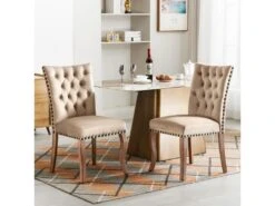 Lot De 2 Chaises Capitonné En Velours - Cadre En Bois Massif - Beige