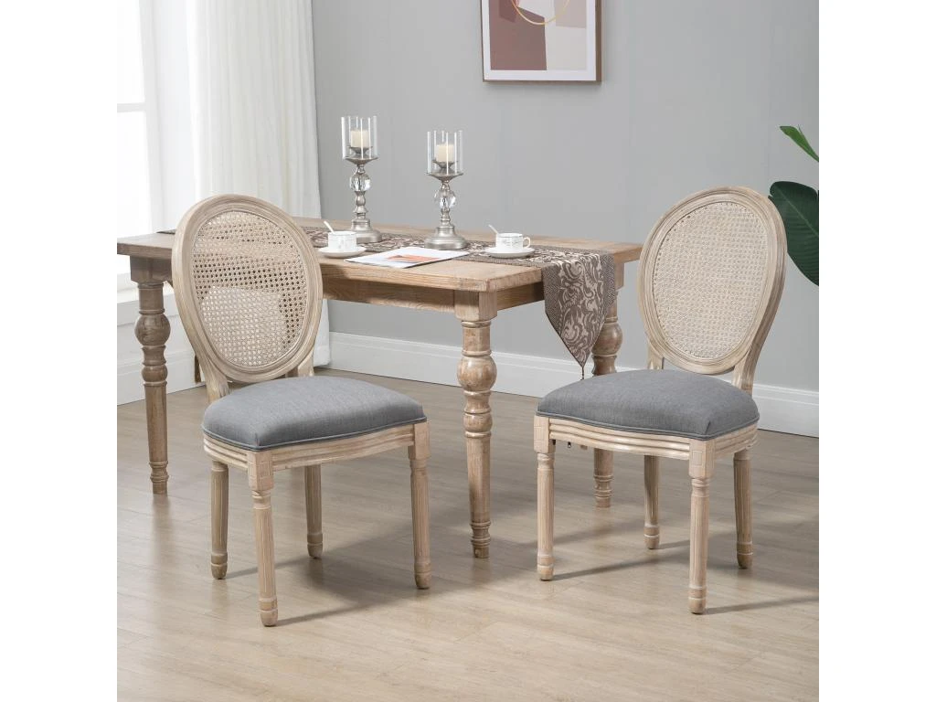 Lot De 2 Chaises De Salle à Manger - Chaise De Salon Médaillon Style Louis XVI - Bois Massif Sculpté, Patiné - Dossier Cannage - Aspect Lin Gris 4 Lot De 2 Chaises De Salle à Manger - Chaise De Salon Médaillon Style Louis XVI - Bois Massif Sculpté, Patiné - Dossier Cannage - Aspect Lin Gris – Image 2