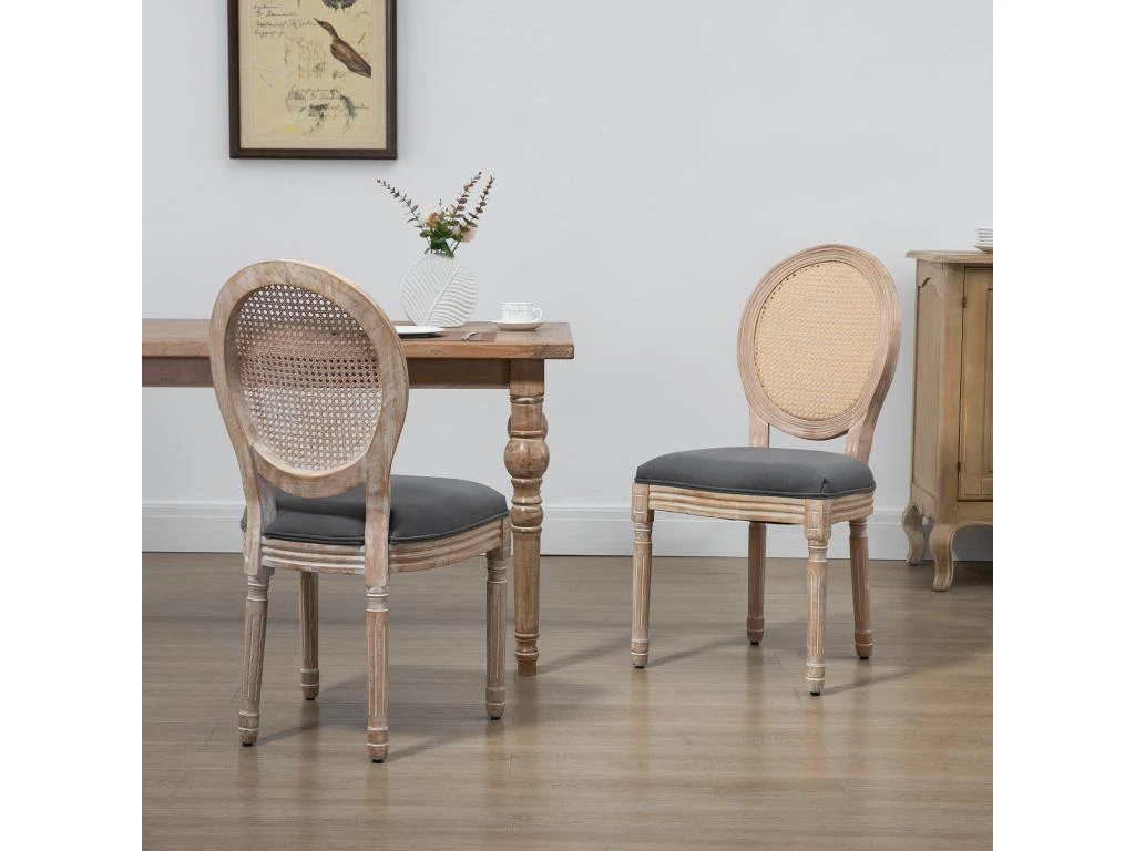 Lot De 2 Chaises De Salle à Manger - Chaise De Salon Médaillon Style Louis XVI - Bois Massif Sculpté, Patiné - Dossier Cannage - Aspect Lin Gris 6 Lot De 2 Chaises De Salle à Manger - Chaise De Salon Médaillon Style Louis XVI - Bois Massif Sculpté, Patiné - Dossier Cannage - Aspect Lin Gris – Image 4