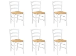 Lot De 6 Chaises PAYSANNE - Hêtre Massif Teinté Blanc, Paille De Riz -Mobilia Boutique chaise 270011