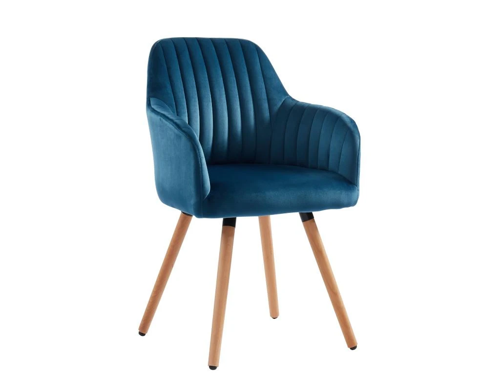 Chaise Avec Accoudoirs - Velours Et Métal Effet Bois - Bleu - ELEANA 3 Chaise Avec Accoudoirs - Velours Et Métal Effet Bois - Bleu - ELEANA