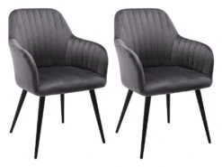 Lot De 2 Chaises Avec Accoudoirs En Velours Et Métal Noir - Gris - ELEANA