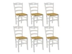 SUZY - Lot De 6 Chaises Laquées Blanc Et Assises En Paille