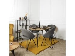 TENSO - Pack Table Allongeable Effet Bois + 4 Fauteuils Velours Côtelé Gris Konae