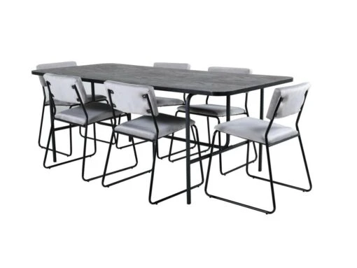 UnoBL Ensemble Table, Table Noir Et 6 Kenth Chaises Velours Gris. 4 UnoBL Ensemble Table, Table Noir Et 6 Kenth Chaises Velours Gris. -Mobilia Boutique ensemble table et chaise 22192265