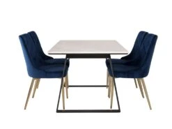 Estelle Ensemble Table, Table Marbre Blanc Et 4 Velvet Deluxe Chaises Velours Bleu, Laiton Décor. -Mobilia Boutique ensemble table et chaise 22197405