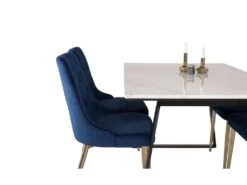 Estelle Ensemble Table, Table Marbre Blanc Et 4 Velvet Deluxe Chaises Velours Bleu, Laiton Décor. -Mobilia Boutique ensemble table et chaise 22197407