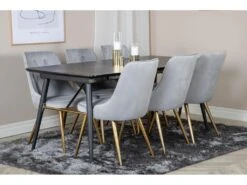 Gold Ensemble Table, Table Extensible Longueur Cm180 / 220 Noir Et 6 Velvet Deluxe Chaises Velours Grisclair, Laiton Décor. -Mobilia Boutique ensemble table et chaise 22198139