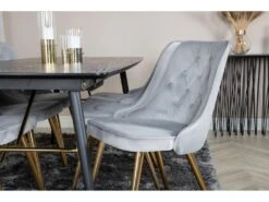 Gold Ensemble Table, Table Extensible Longueur Cm180 / 220 Noir Et 6 Velvet Deluxe Chaises Velours Grisclair, Laiton Décor. -Mobilia Boutique ensemble table et chaise 22198141