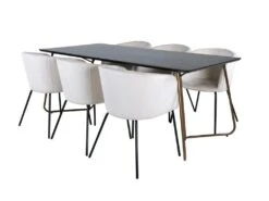 PippiCO Ensemble Table, Table Noir Et 6 Berit Chaises Velours Beige.