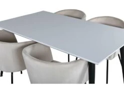 Jimmy150 Ensemble Table, Table Extensible Longueur Cm150 / 240 Blanc Et 4 Berit Chaises Velours Beige. -Mobilia Boutique ensemble table et chaise 22198473