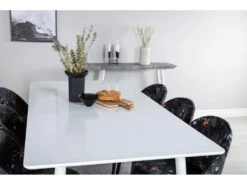 Polar180X90WHWH Ensemble Table, Table Blanc Et 6 Velvet Chaises Velours Fleuri. -Mobilia Boutique ensemble table et chaise 22199119