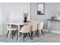 Polar180X90WHWH Ensemble Table, Table Blanc Et 6 Velvet Chaises Velours Beige, Noir. -Mobilia Boutique ensemble table et chaise 22200857