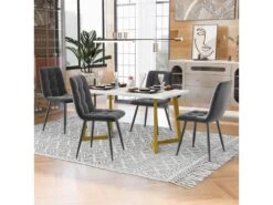 Ensemble Table Et 4 Chaises - Table Dorée 117x68cm - Structure En Métal - Chaise En Velours Gris