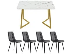 Ensemble Table Et 4 Chaises - Table Dorée 117x68cm - Structure En Métal - Chaise En Velours Gris -Mobilia Boutique ensemble table et chaise 22720833