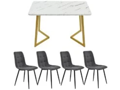 Ensemble Table Et 4 Chaises - Table Dorée 117x68cm - Structure En Métal - Chaise En Lin Gris -Mobilia Boutique ensemble table et chaise 22720873
