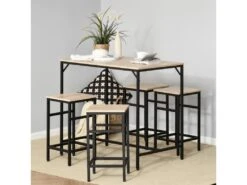 Ensemble Table De Bar Design Industriel + 4 Tabourets Repose-pieds Panneaux Particules Imitation Chêne Clair Métal Noir -Mobilia Boutique meuble de bar 9398965