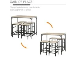 Ensemble Table De Bar Design Industriel + 4 Tabourets Repose-pieds Panneaux Particules Imitation Chêne Clair Métal Noir -Mobilia Boutique meuble de bar 9398967