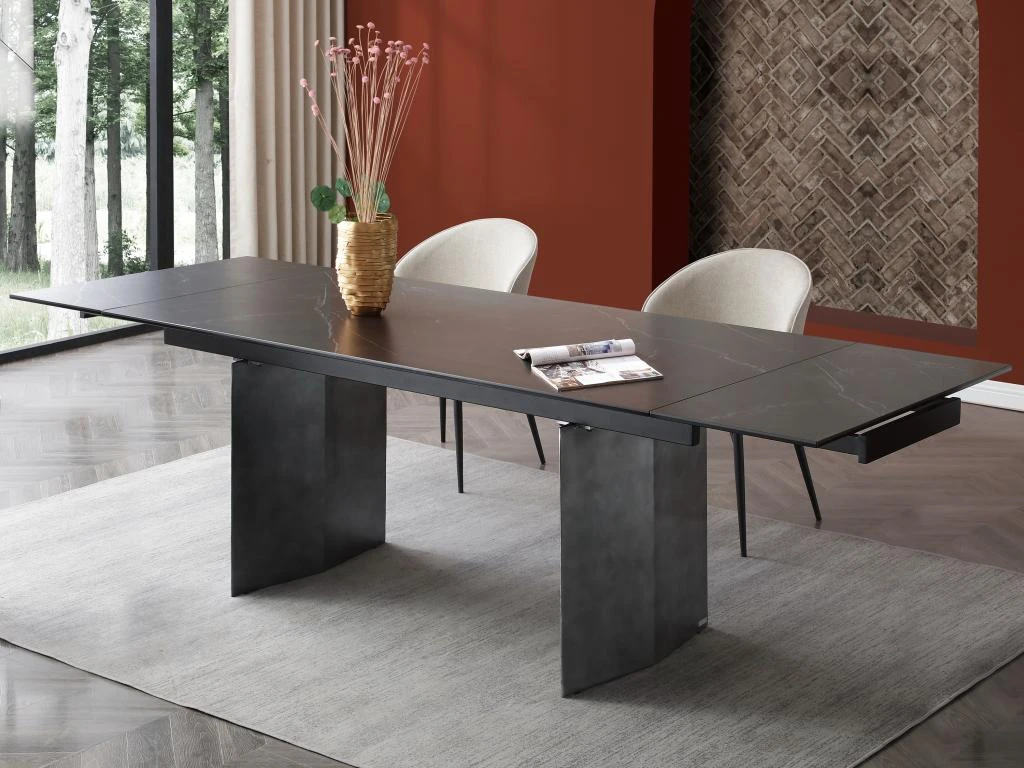Table à Manger Extensible 6 à 10 Couverts En Céramique Et Métal - Effet Marbre Noir - MISENO De Pascal MORABITO 4 Table à Manger Extensible 6 à 10 Couverts En Céramique Et Métal - Effet Marbre Noir - MISENO De Pascal MORABITO – Image 2