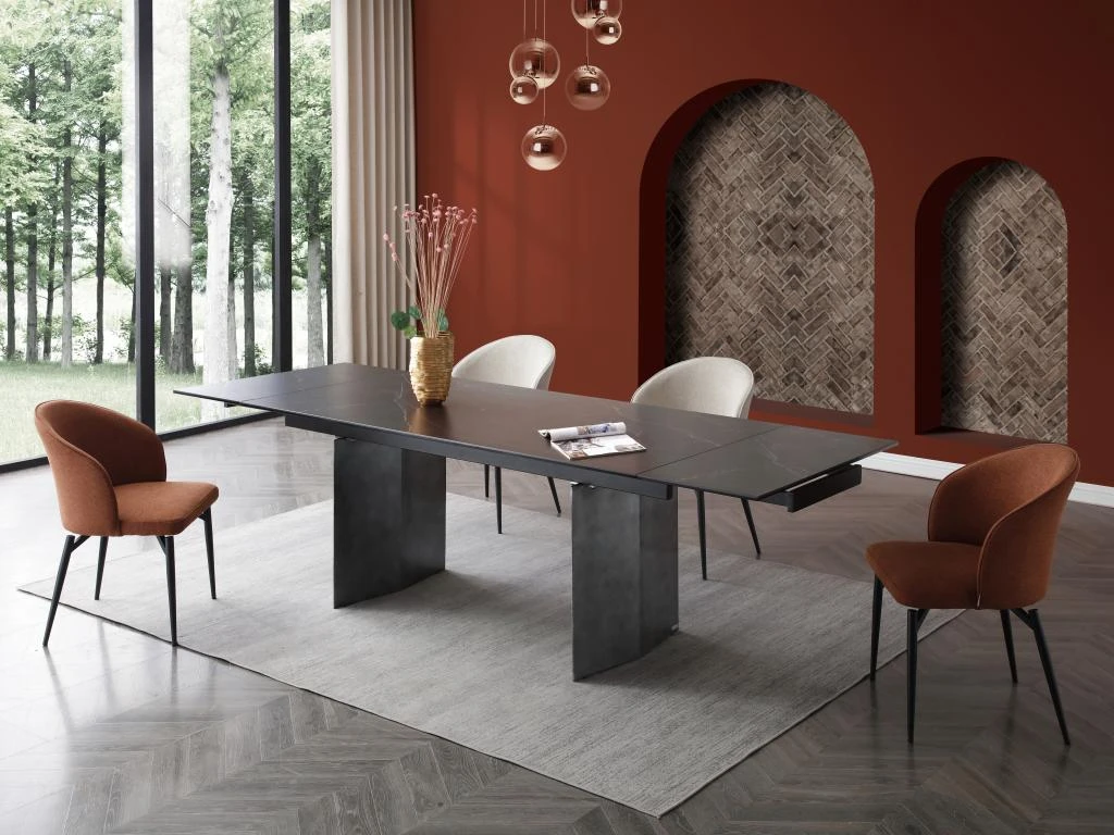 Table à Manger Extensible 6 à 10 Couverts En Céramique Et Métal - Effet Marbre Noir - MISENO De Pascal MORABITO 3 Table à Manger Extensible 6 à 10 Couverts En Céramique Et Métal - Effet Marbre Noir - MISENO De Pascal MORABITO