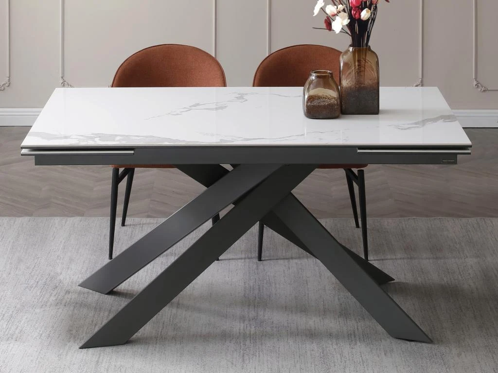 Table à Manger Extensible 6 à 10 Couverts En Céramique Et Métal - Effet Marbre Blanc Et Anthracite - COREMA De Pascal MORABITO 6 Table à Manger Extensible 6 à 10 Couverts En Céramique Et Métal - Effet Marbre Blanc Et Anthracite - COREMA De Pascal MORABITO – Image 4