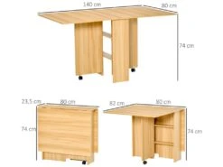 Table De Cuisine Salon Pliable Mobile Sur Roulettes 140L X 80l X 74H Cm 2 étagères Intégrées Coloris Chêne -Mobilia Boutique table a manger 12619715