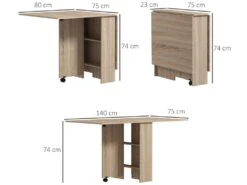 Table à Manger Pliante Mobile Sur Roulettes Avec 2 Plateaux Rabattables Et 2 étagères Intégrées - 140 X 80 X 74 Cm Naturel -Mobilia Boutique table a manger 22967237