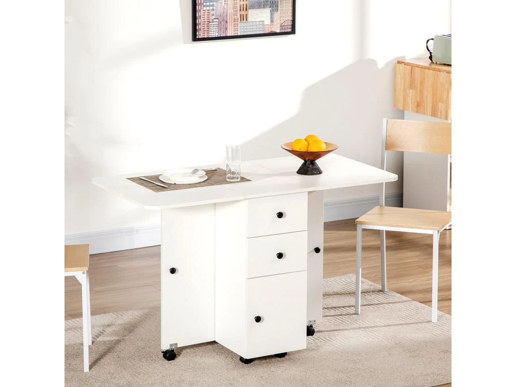 Table Pliable De Cuisine Salle à Manger - 2 Tiroirs, Placard, Niche - Panneaux Aspect Bois Blanc 3 Table Pliable De Cuisine Salle à Manger - 2 Tiroirs, Placard, Niche - Panneaux Aspect Bois Blanc