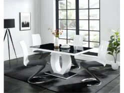 Table à Manger TWIST - 6 Couverts - MDF Laqué & Verre Trempé - Noir & Blanc -Mobilia Boutique table a manger 330041