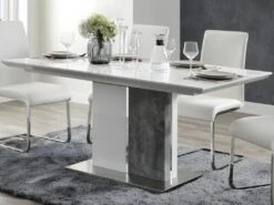 Table à Manger Extensible - 6 à 8 Couverts - MDF - Coloris : Blanc Laqué Et Béton - EREN