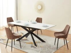 Table à Manger Extensible ALBINA - 6 à 8 Couverts - Céramique & Verre Trempé - Effet Marbre Blanc