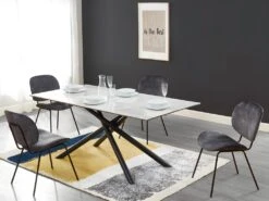 Table à Manger SORRENTE - Céramique & Verre Trempé - 6 Couverts - Effet Marbre Blanc