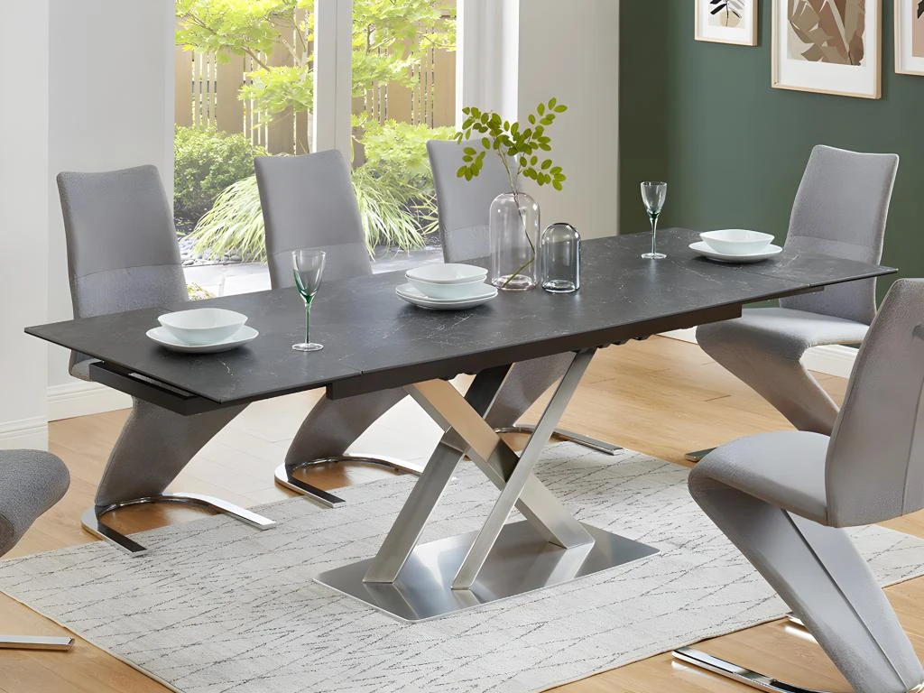 Table à Manger Extensible THYLIA - 6 à 8 Couverts - Céramique Et Métal - Effet Marbre Noir 4 Table à Manger Extensible THYLIA - 6 à 8 Couverts - Céramique Et Métal - Effet Marbre Noir – Image 2