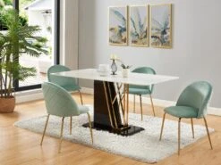 Table à Manger 6 Couverts En Céramique Et MDF - Effet Marbre Blanc, Doré Et Noir Laqué - BALLARAT -Mobilia Boutique table a manger 7171215